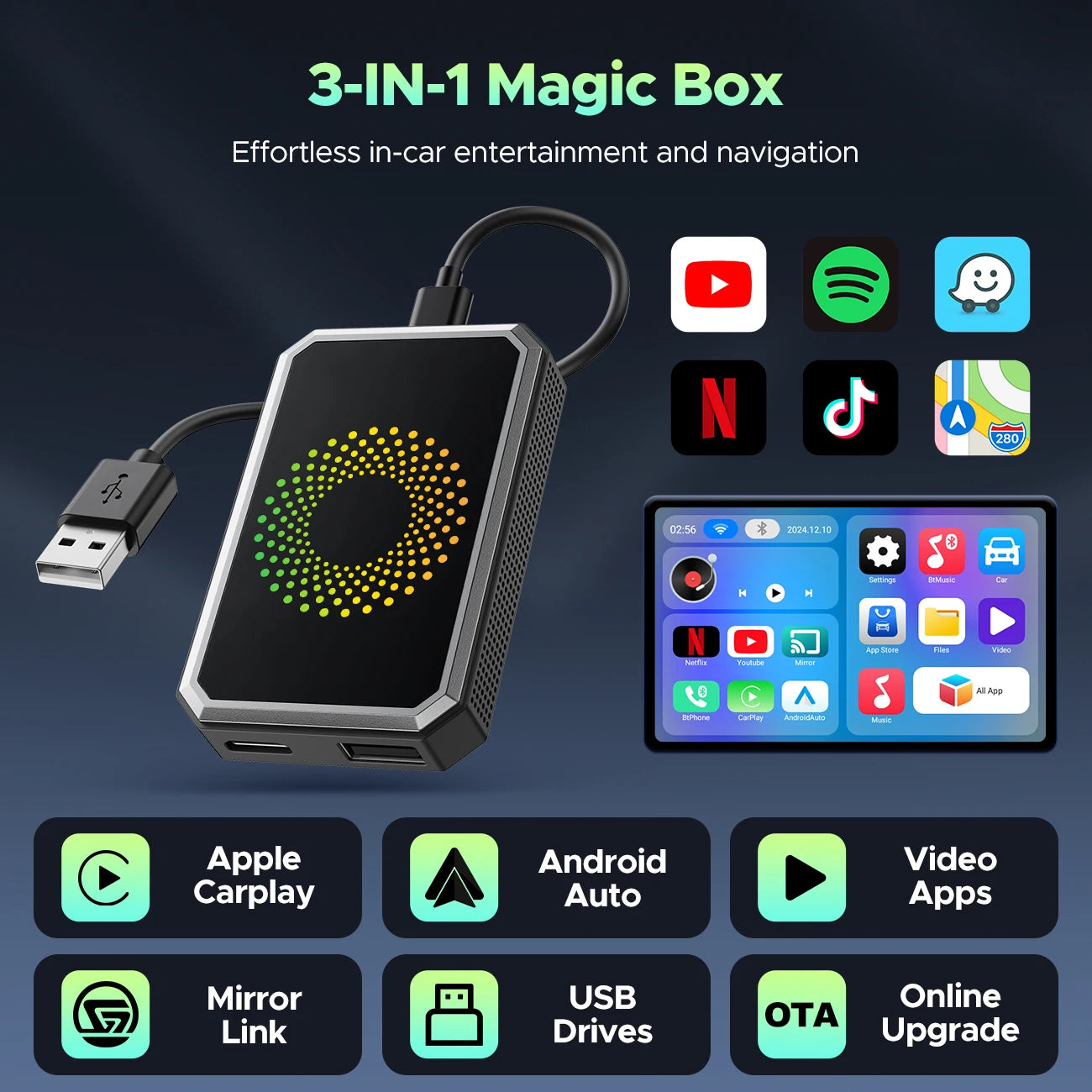 3 in 1 Video AI Box Streaming Youtube Tiktok Wireless Carplay Adapter Dongle USB Drive Wired Carplay and Android Auto Cars